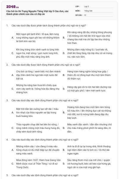 Câu hỏi ôn thi Trạng Nguyên Tiếng Việt lớp 5 Câu đơn, các thành phần chính của câu có đáp án