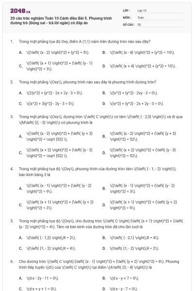 20 câu trắc nghiệm Toán 10 Cánh diều Bài 5. Phương trình đường trò (Đúng sai - trả lời ngắn) có đáp án