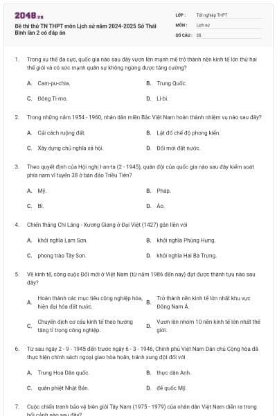 Đề thi thử TN THPT môn Lịch sử năm 2024-2025 Sở Thái Bình lần 2 có đáp án