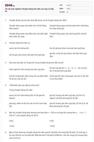 28 câu trắc nghiệm Chuyển động tròn đều cực hay có đáp án