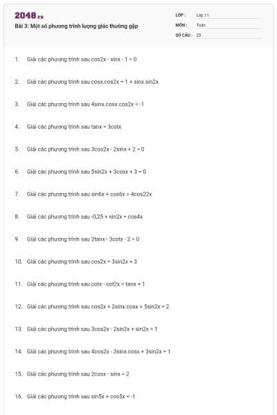 Bài 3: Một số phương trình lượng giác thường gặp