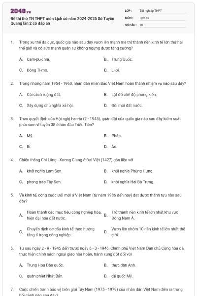 Đề thi thử TN THPT môn Lịch sử năm 2024-2025 Sở Tuyên Quang lần 2 có đáp án