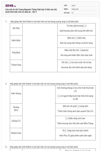 Câu hỏi ôn thi Trạng Nguyên Tiếng Việt lớp 5 Giải câu đố; đuổi hình bắt chữ có đáp án - Đề 4