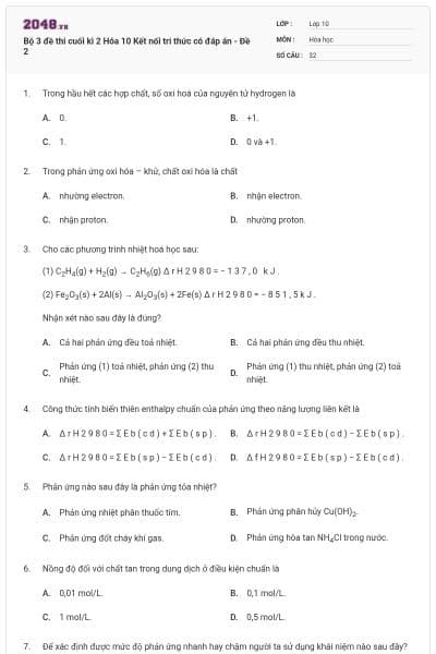 Bộ 3 đề thi cuối kì 2 Hóa 10 Kết nối tri thức có đáp án - Đề 2