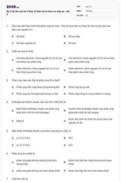 Bộ 3 đề thi cuối kì 2 Hóa 10 Kết nối tri thức có đáp án - Đề 3