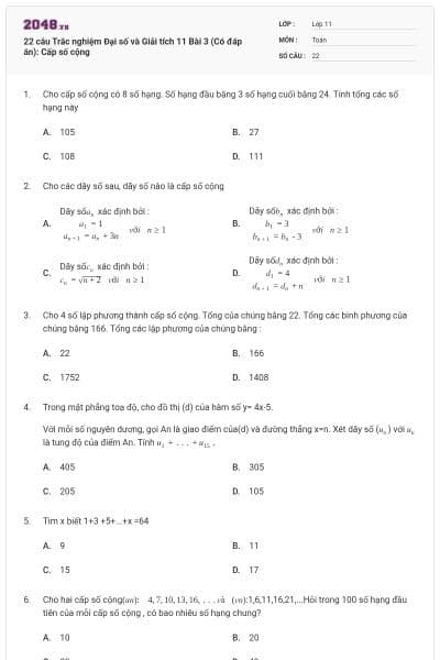 22 câu Trắc nghiệm Đại số và Giải tích 11 Bài 3 (Có đáp án): Cấp số cộng