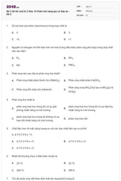 Bộ 3 đề thi cuối kì 2 Hóa 10 Chân trời sáng tạo có đáp án - Đề 2