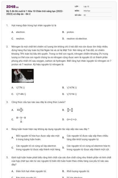 Bộ 5 đề thi cuối kì 1 Hóa 10 Chân trời sáng tạo (2022-2023) có đáp án - Đề 2
