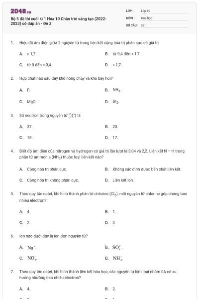 Bộ 5 đề thi cuối kì 1 Hóa 10 Chân trời sáng tạo (2022-2023) có đáp án - Đề 3
