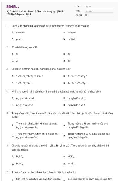 Bộ 5 đề thi cuối kì 1 Hóa 10 Chân trời sáng tạo (2022-2023) có đáp án - Đề 4