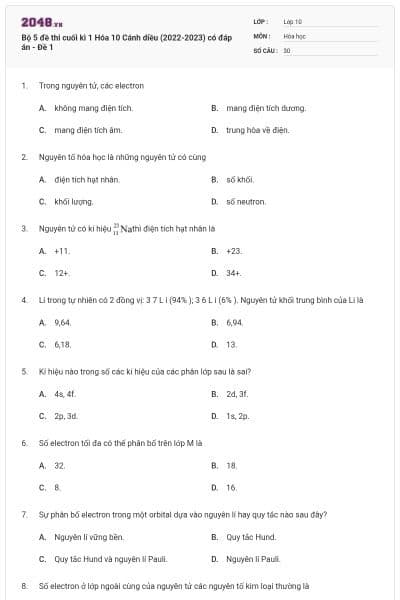 Bộ 5 đề thi cuối kì 1 Hóa 10 Cánh diều (2022-2023) có đáp án - Đề 1