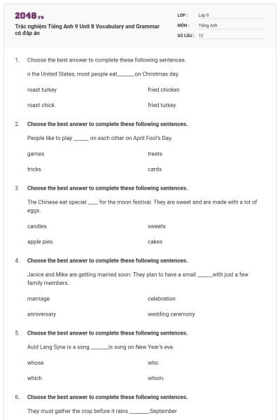 Trắc nghiệm Tiếng Anh 9 Unit 8 Vocabulary and Grammar có đáp án