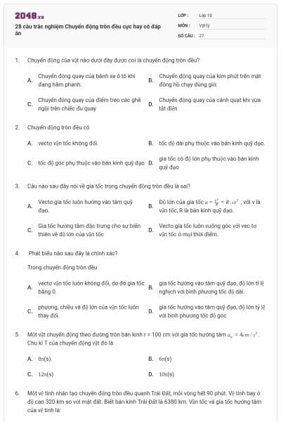 28 câu trắc nghiệm Chuyển động tròn đều cực hay có đáp án