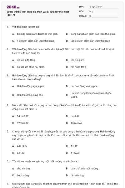 20 Đề thi thử thpt quốc gia môn Vật Lí cực hay mới nhất (đề 17)