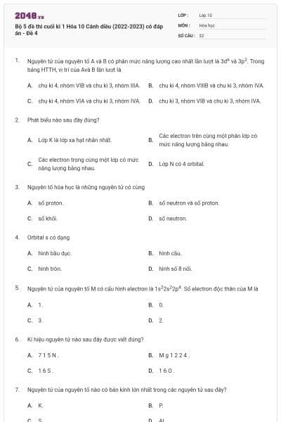Bộ 5 đề thi cuối kì 1 Hóa 10 Cánh diều (2022-2023) có đáp án - Đề 4