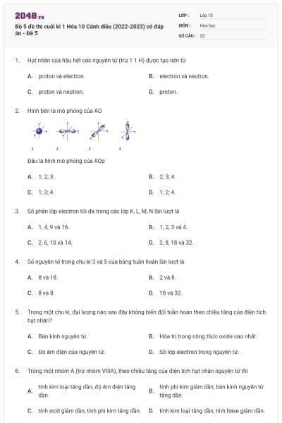 Bộ 5 đề thi cuối kì 1 Hóa 10 Cánh diều (2022-2023) có đáp án - Đề 5