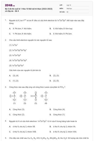 Bộ 5 đề thi cuối kì 1 Hóa 10 Kết nối tri thức (2022-2023) có đáp án - Đề 4