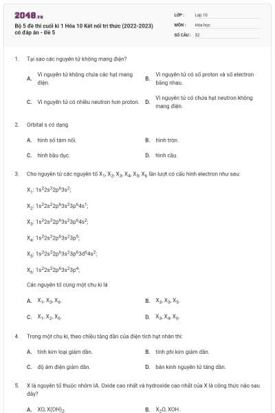 Bộ 5 đề thi cuối kì 1 Hóa 10 Kết nối tri thức (2022-2023) có đáp án - Đề 5
