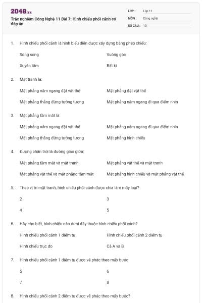 Trắc nghiệm Công Nghệ 11 Bài 7: Hình chiếu phối cảnh có đáp án