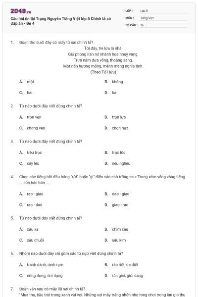 Câu hỏi ôn thi Trạng Nguyên Tiếng Việt lớp 5 Chính tả có đáp án - Đề 4