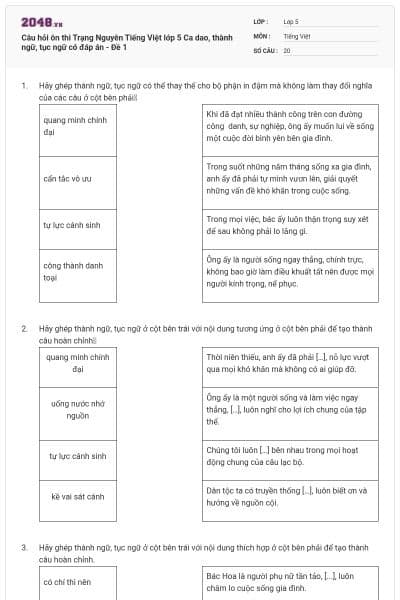 Câu hỏi ôn thi Trạng Nguyên Tiếng Việt lớp 5 Ca dao, thành ngữ, tục ngữ có đáp án - Đề 1