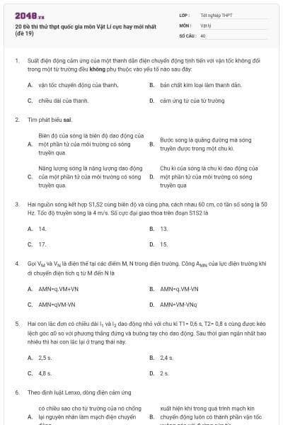 20 Đề thi thử thpt quốc gia môn Vật Lí cực hay mới nhất (đề 19)