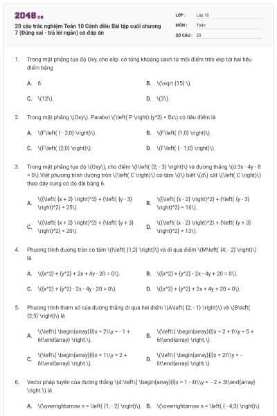 20 câu trắc nghiệm Toán 10 Cánh diều Bài tập cuối chương 7 (Đúng sai - trả lời ngắn) có đáp án