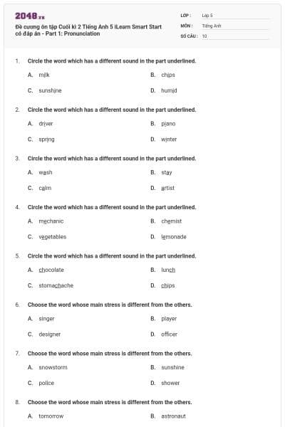 Đề cương ôn tập Cuối kì 2 Tiếng Anh 5 iLearn Smart Start có đáp án - Part 1: Pronunciation