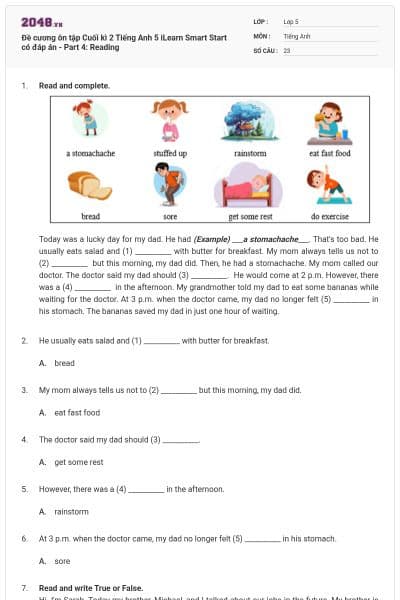 Đề cương ôn tập Cuối kì 2 Tiếng Anh 5 iLearn Smart Start có đáp án - Part 4: Reading