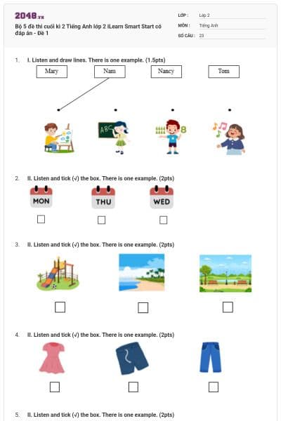 Bộ 5 đề thi cuối kì 2 Tiếng Anh lớp 2 iLearn Smart Start có đáp án - Đề 1