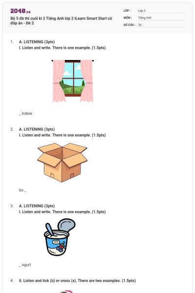 Bộ 5 đề thi cuối kì 2 Tiếng Anh lớp 2 iLearn Smart Start có đáp án - Đề 2