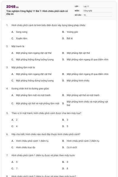 Trắc nghiệm Công Nghệ 11 Bài 7: Hình chiếu phối cảnh có đáp án