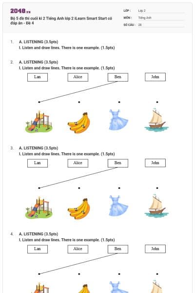 Bộ 5 đề thi cuối kì 2 Tiếng Anh lớp 2 iLearn Smart Start có đáp án - Đề 4