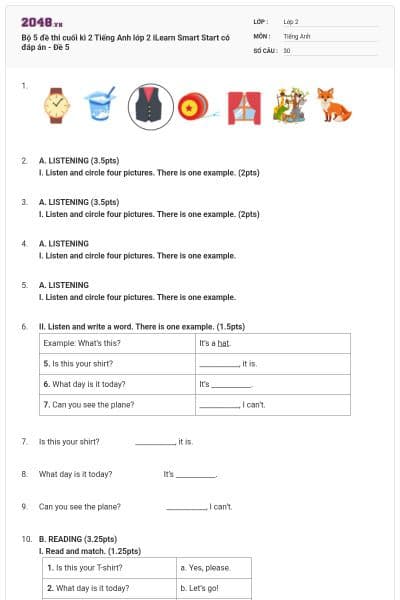 Bộ 5 đề thi cuối kì 2 Tiếng Anh lớp 2 iLearn Smart Start có đáp án - Đề 5