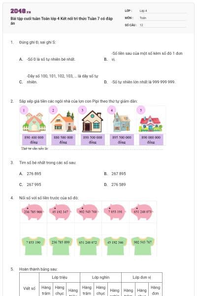 Bài tập cuối tuần Toán lớp 4 Kết nối tri thức Tuần 7 có đáp án