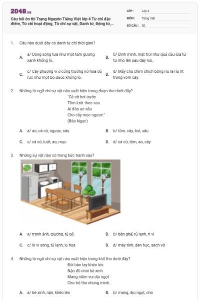 Câu hỏi ôn thi Trạng Nguyên Tiếng Việt lớp 4 Từ chỉ đặc điểm, Từ chỉ hoạt động, Từ chỉ sự vật, Danh từ, Động từ, Tính từ có đáp án - Đề 2