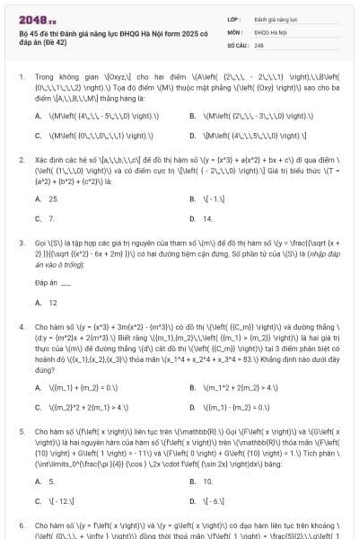 Bộ 45 đề thi Đánh giá năng lực ĐHQG Hà Nội form 2025 có đáp án (Đề 42)