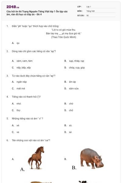 Câu hỏi ôn thi Trạng Nguyên Tiếng Việt lớp 1 Ôn tập các âm, vần đã học có đáp án - Đề 4