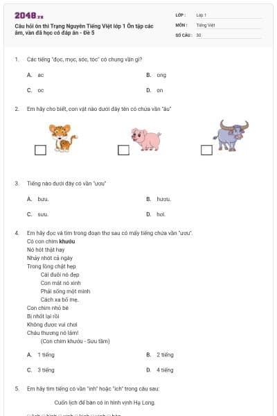 Câu hỏi ôn thi Trạng Nguyên Tiếng Việt lớp 1 Ôn tập các âm, vần đã học có đáp án - Đề 5
