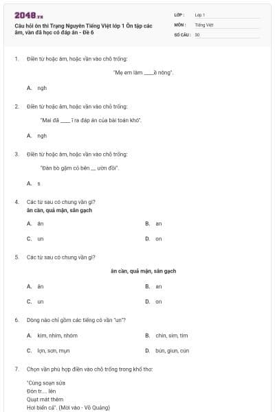 Câu hỏi ôn thi Trạng Nguyên Tiếng Việt lớp 1 Ôn tập các âm, vần đã học có đáp án - Đề 6
