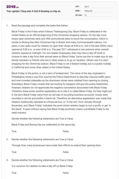 Trắc nghiệm Tiếng Anh 9 Unit 8 Reading có đáp án