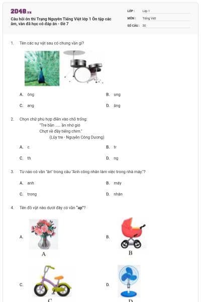 Câu hỏi ôn thi Trạng Nguyên Tiếng Việt lớp 1 Ôn tập các âm, vần đã học có đáp án - Đề 7