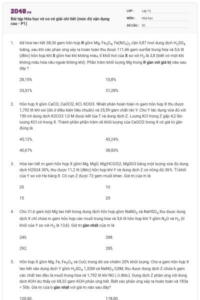 Bài tập Hóa học vô cơ có giải chi tiết (mức độ vận dụng cao - P1)