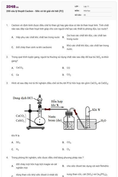 200 câu lý thuyết Cacbon - Silic có lời giải chi tiết (P2)
