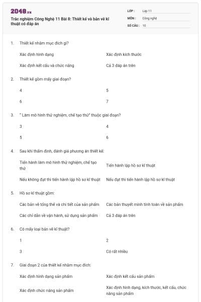 Trắc nghiệm Công Nghệ 11 Bài 8: Thiết kế và bản vẽ kĩ thuật có đáp án