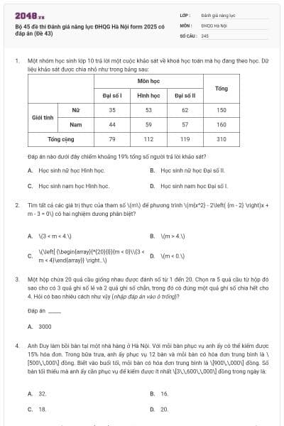 Bộ 45 đề thi Đánh giá năng lực ĐHQG Hà Nội form 2025 có đáp án (Đề 43)
