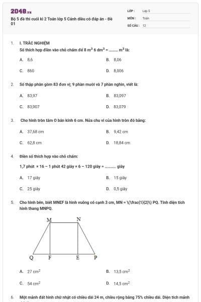 Bộ 5 đề thi cuối kì 2 Toán lớp 5 Cánh diều có đáp án - Đề 01