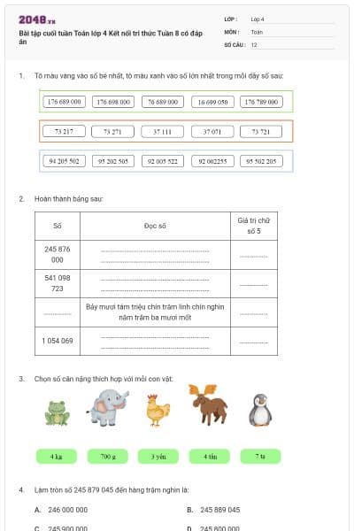 Bài tập cuối tuần Toán lớp 4 Kết nối tri thức Tuần 8 có đáp án