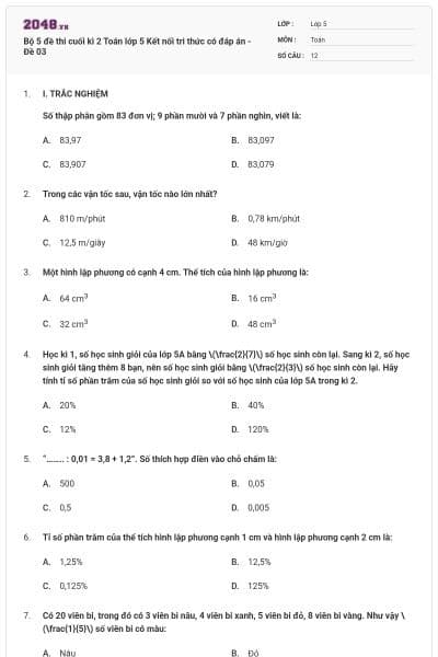 Bộ 5 đề thi cuối kì 2 Toán lớp 5 Kết nối tri thức có đáp án - Đề 03