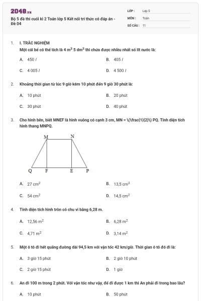Bộ 5 đề thi cuối kì 2 Toán lớp 5 Kết nối tri thức có đáp án - Đề 04